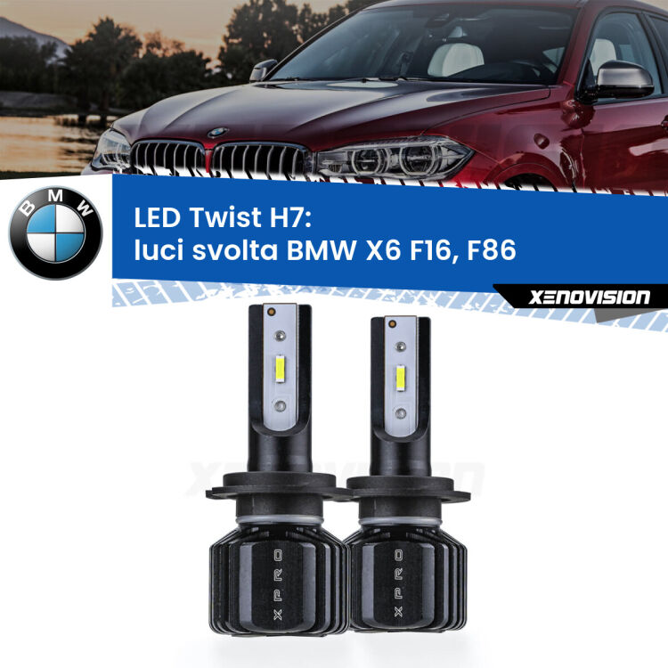 <strong>Kit luci svolta LED</strong> H7 per <strong>BMW X6</strong> F16, F86 2015 - 2019. Compatte, impermeabili, senza ventola: praticamente indistruttibili. Top Quality.
