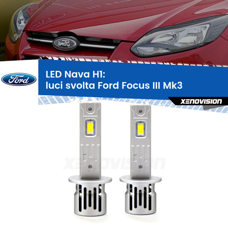 Luci svolta LED Ford Focus Mk3 2011 - 2017: H1 Nava <strong>Luci svolta LED no-spie per Ford Focus</strong> Mk3 2011 - 2017. Coppia lampade <strong> H1</strong> modello Nava canbus, raffreddate a ventola.