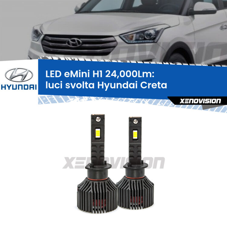 <strong>Kit luci svolta LED specifico per Hyundai Creta</strong>  2016 - 2018. Lampade <strong>H1</strong> Canbus e compatte 24.000Lumen Eagle Mini Xenovision.
