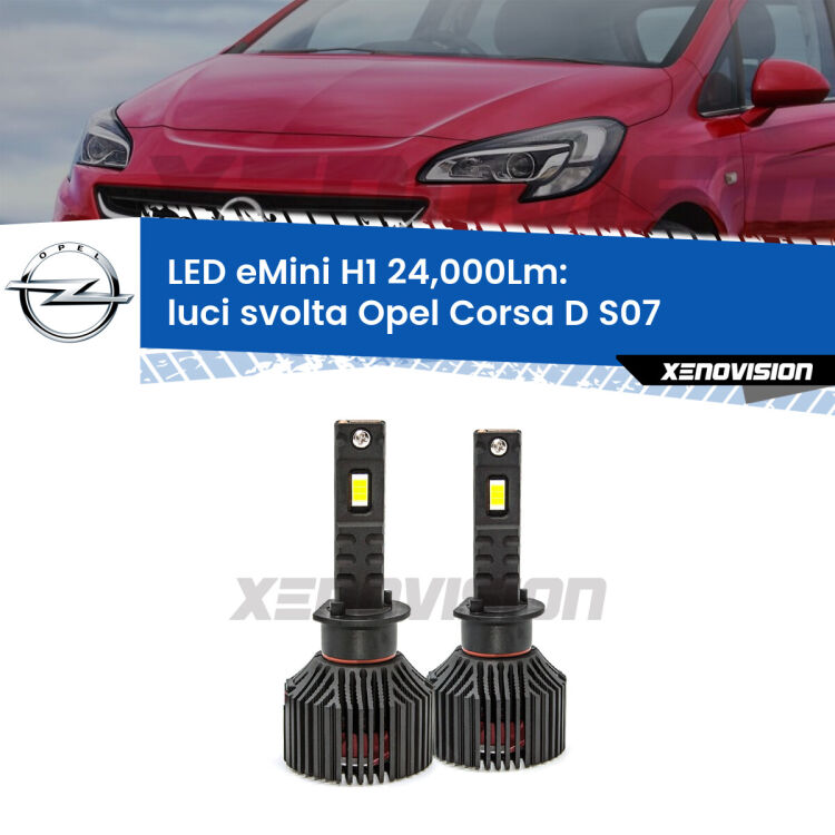 <strong>Kit luci svolta LED specifico per Opel Corsa D</strong> S07 con luci svolta. Lampade <strong>H1</strong> Canbus e compatte 24.000Lumen Eagle Mini Xenovision.