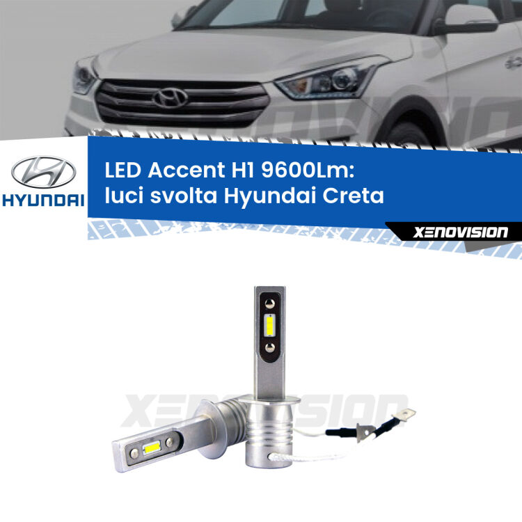 Luci svolta LED H1 9600Lm per Hyundai Creta  2016 - 2018 <strong>Kit LED Luci svolta per Hyundai Creta</strong>  2016 - 2018.</strong> Coppia lampade <strong>H1</strong> senza ventola e ultracompatte per installazioni in fari senza spazi.