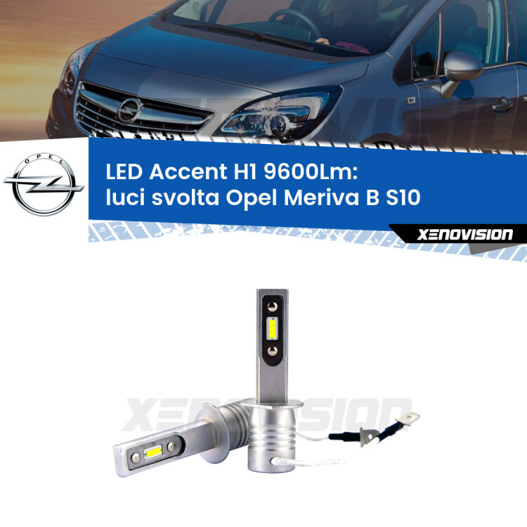 <strong>Kit LED Luci svolta per Opel Meriva B</strong> S10 2010 - 2017.</strong> Coppia lampade <strong>H1</strong> senza ventola e ultracompatte per installazioni in fari senza spazi.