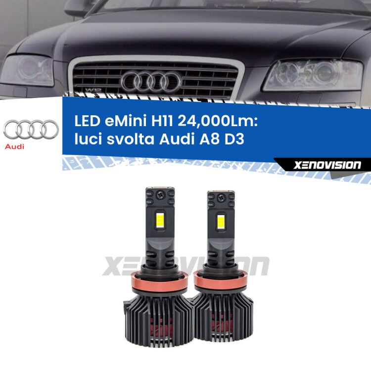 <strong>Kit luci svolta LED specifico per Audi A8</strong> D3 2002 - 2009. Lampade <strong>H11</strong> Canbus compatte da 24.000Lumen Eagle Mini Xenovision.