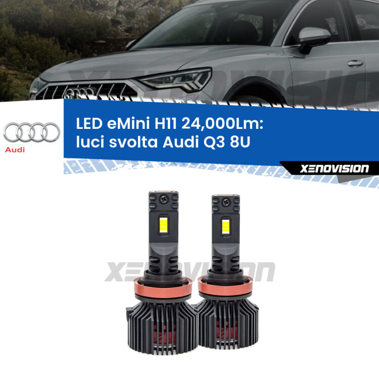<strong>Kit luci svolta LED specifico per Audi Q3</strong> 8U 2011 - 2018. Lampade <strong>H11</strong> Canbus compatte da 24.000Lumen Eagle Mini Xenovision.