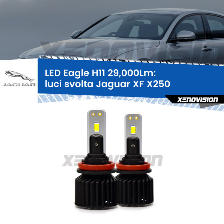 <strong>Kit luci svolta LED specifico per Jaguar XF</strong> X250 2007 - 2011. Lampade <strong>H11</strong> Canbus da 29.000Lumen di luminosità modello Eagle Xenovision.