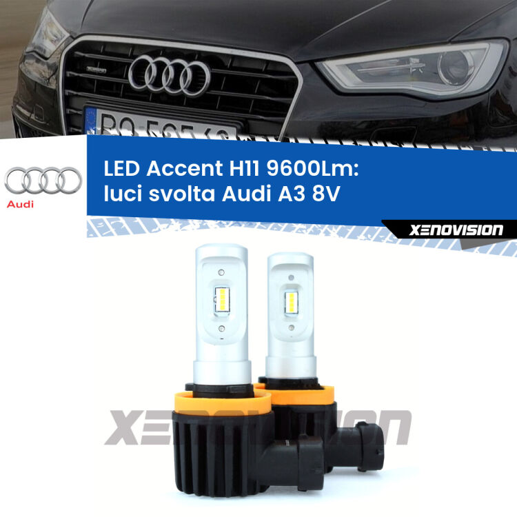 <strong>Kit LED Luci svolta per Audi A3</strong> 8V 2013 - 2020.</strong> Coppia lampade <strong>H11</strong> senza ventola e ultracompatte per installazioni in fari senza spazi.