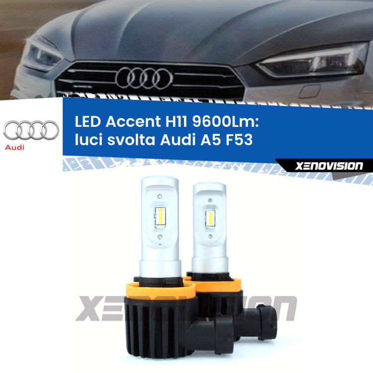 <strong>Kit LED Luci svolta per Audi A5</strong> F53 2016 - 2020.</strong> Coppia lampade <strong>H11</strong> senza ventola e ultracompatte per installazioni in fari senza spazi.