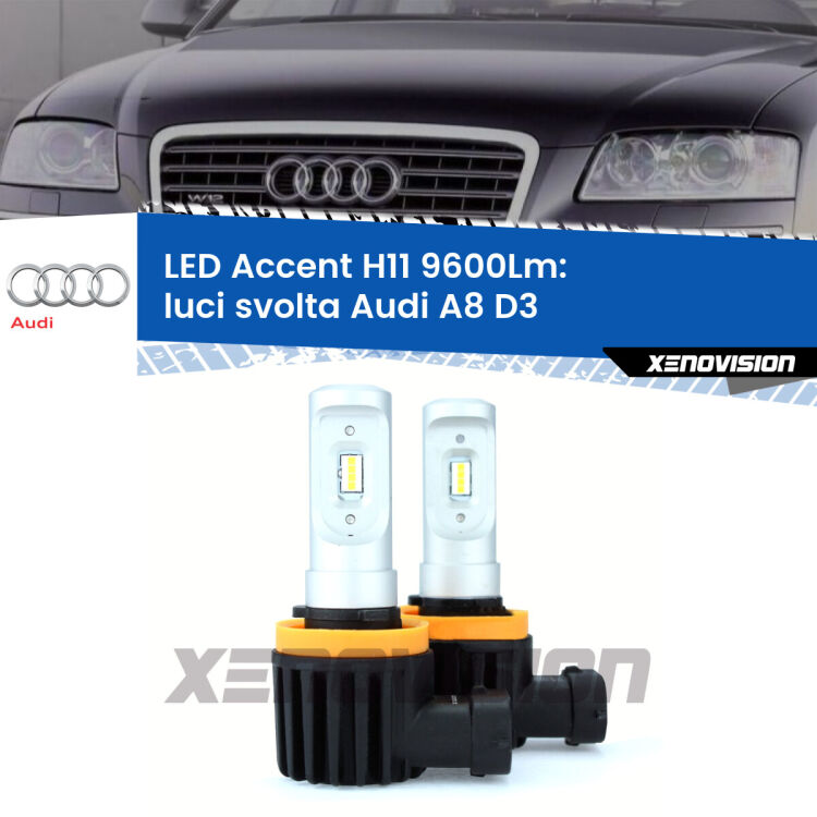 <strong>Kit LED Luci svolta per Audi A8</strong> D3 2002 - 2009.</strong> Coppia lampade <strong>H11</strong> senza ventola e ultracompatte per installazioni in fari senza spazi.