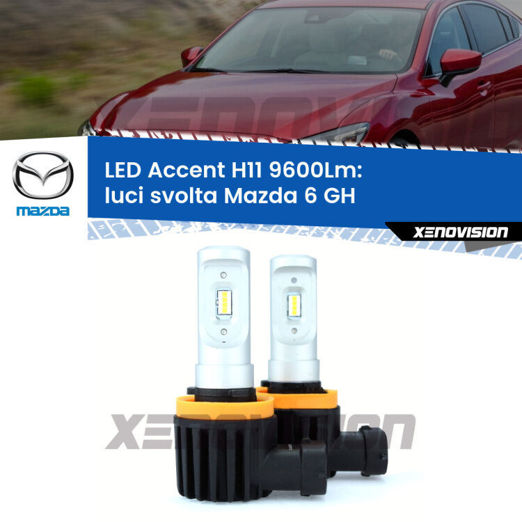 <strong>Kit LED Luci svolta per Mazda 6</strong> GH 2007 - 2008.</strong> Coppia lampade <strong>H11</strong> senza ventola e ultracompatte per installazioni in fari senza spazi.