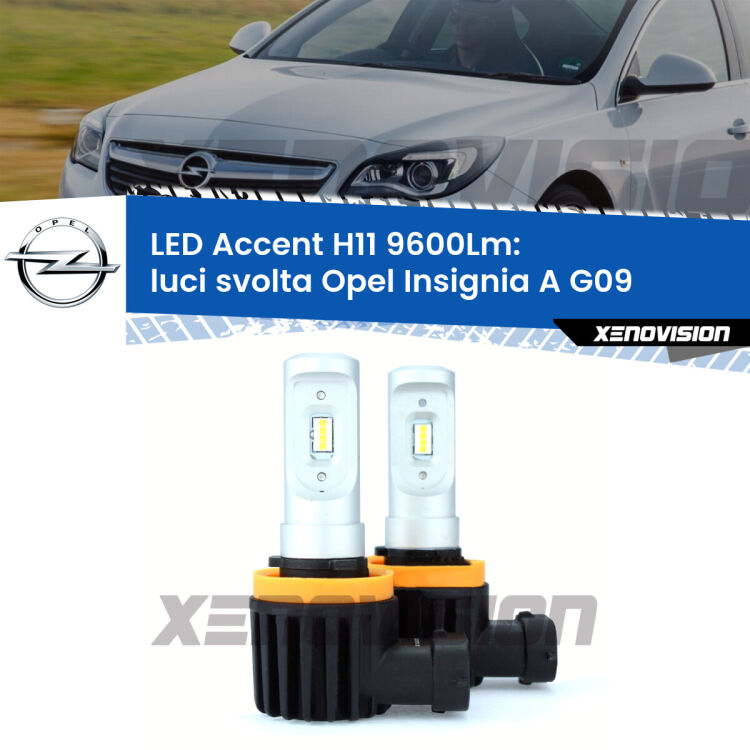 <strong>Kit LED Luci svolta per Opel Insignia A</strong> G09 2008 - 2013.</strong> Coppia lampade <strong>H11</strong> senza ventola e ultracompatte per installazioni in fari senza spazi.