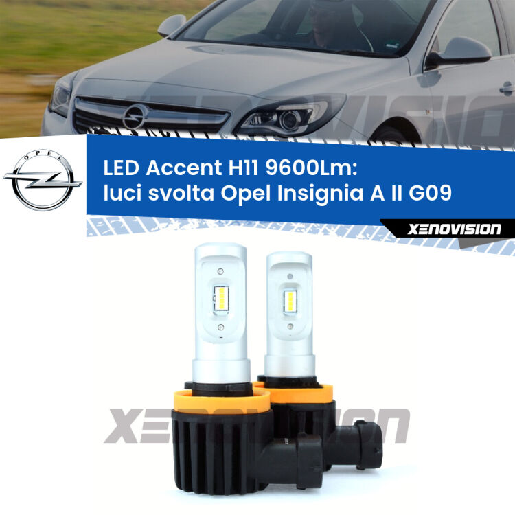 <strong>Kit LED Luci svolta per Opel Insignia A II</strong> G09 2014 - 2017.</strong> Coppia lampade <strong>H11</strong> senza ventola e ultracompatte per installazioni in fari senza spazi.