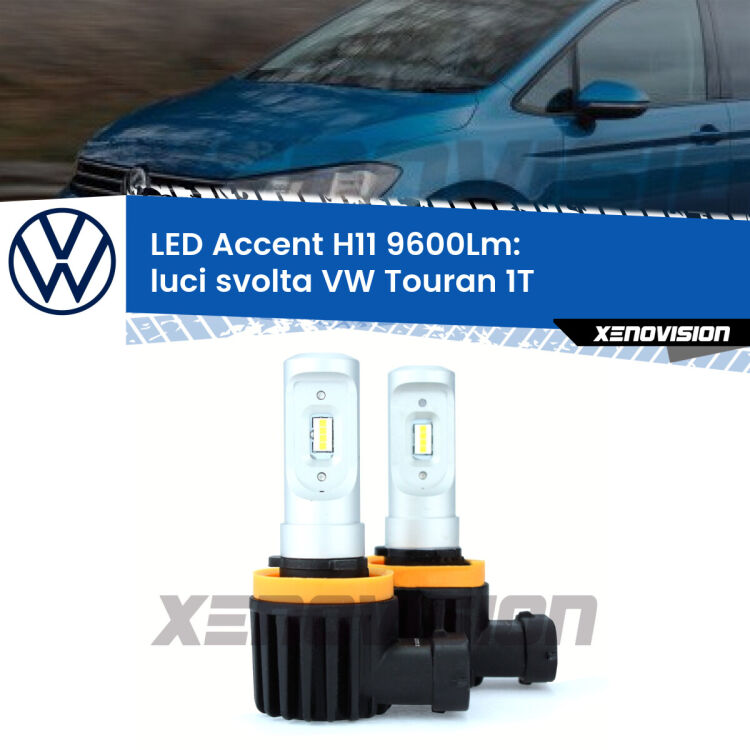<strong>Kit LED Luci svolta per VW Touran</strong> 1T 2003 - 2009.</strong> Coppia lampade <strong>H11</strong> senza ventola e ultracompatte per installazioni in fari senza spazi.