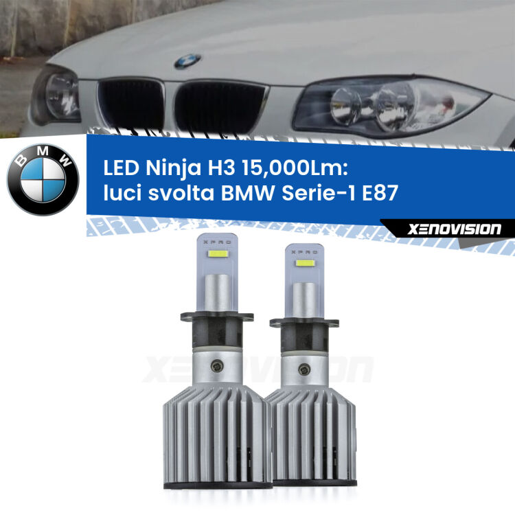 <strong>Kit luci svolta LED specifico per BMW Serie-1</strong> E87 2003 - 2012. Lampade <strong>H3</strong> Canbus da 15.000Lumen di luminosità modello Ninja Xenovision.
