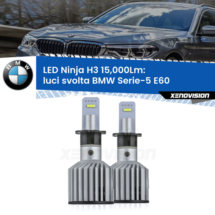 <strong>Kit luci svolta LED specifico per BMW Serie-5</strong> E60 2007 - 2010. Lampade <strong>H3</strong> Canbus da 15.000Lumen di luminosità modello Ninja Xenovision.