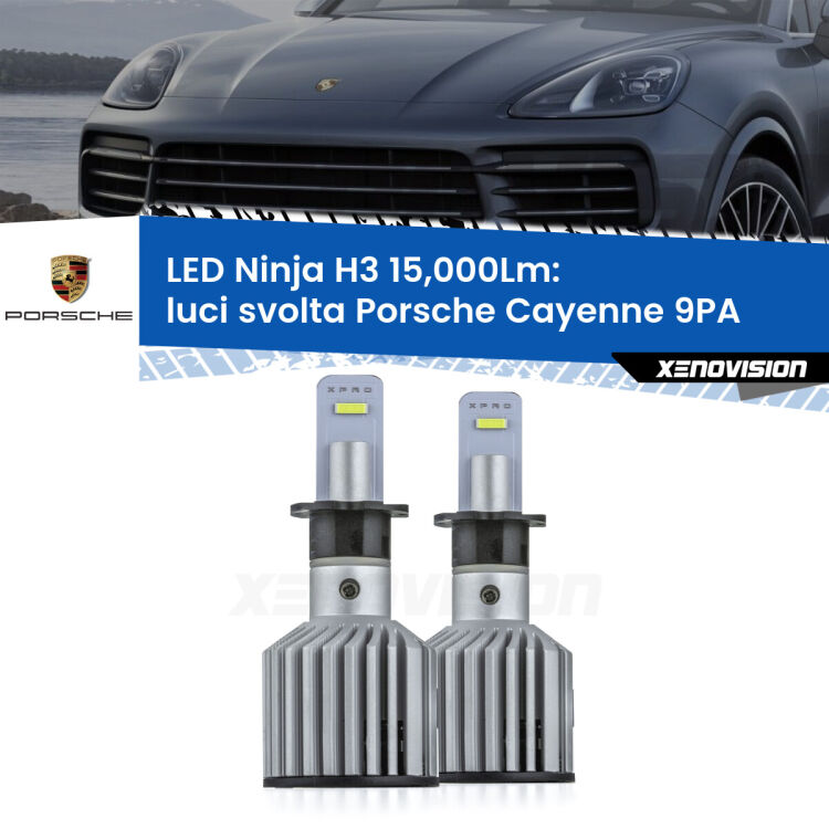 <strong>Kit luci svolta LED specifico per Porsche Cayenne</strong> 9PA 2002 - 2010. Lampade <strong>H3</strong> Canbus da 15.000Lumen di luminosità modello Ninja Xenovision.