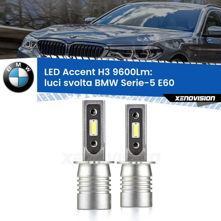 <strong>Kit LED Luci svolta per BMW Serie-5</strong> E60 2007 - 2010.</strong> Coppia lampade <strong>H3</strong> senza ventola e ultracompatte per installazioni in fari senza spazi.