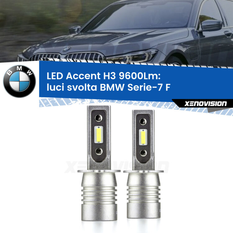 <strong>Kit LED Luci svolta per BMW Serie-7</strong> F 2009 - 2012.</strong> Coppia lampade <strong>H3</strong> senza ventola e ultracompatte per installazioni in fari senza spazi.
