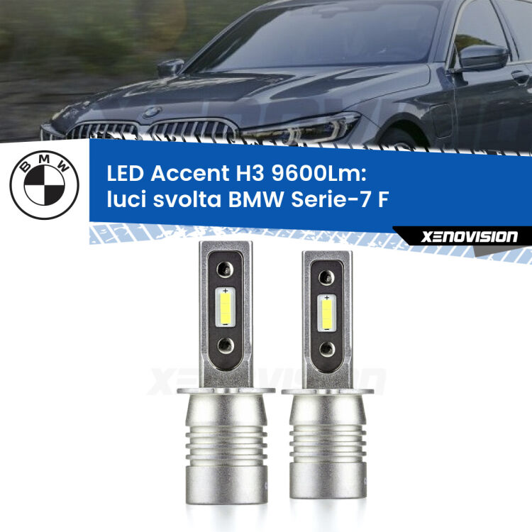 Luci svolta LED H3 9600Lm per BMW Serie-7 F 2009 - 2012 <strong>Kit LED Luci svolta per BMW Serie-7</strong> F 2009 - 2012.</strong> Coppia lampade <strong>H3</strong> senza ventola e ultracompatte per installazioni in fari senza spazi.