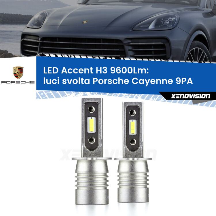 Luci svolta LED H3 9600Lm per Porsche Cayenne 9PA 2002 - 2010 <strong>Kit LED Luci svolta per Porsche Cayenne</strong> 9PA 2002 - 2010.</strong> Coppia lampade <strong>H3</strong> senza ventola e ultracompatte per installazioni in fari senza spazi.