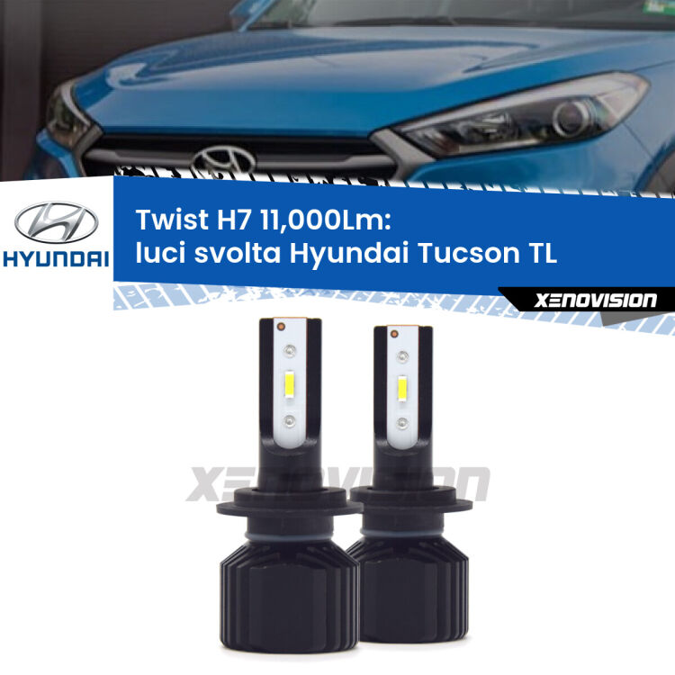 <strong>Kit luci svolta LED</strong> H7 per <strong>Hyundai Tucson</strong> TL 2015 - 2018. Compatte, impermeabili, senza ventola: praticamente indistruttibili. Top Quality.