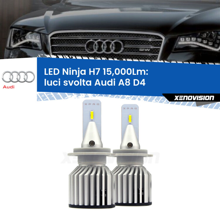<strong>Kit luci svolta LED specifico per Audi A8</strong> D4 2009 - 2018. Lampade <strong>H7</strong> Canbus da 15.000Lumen di luminosità modello Ninja Xenovision.
