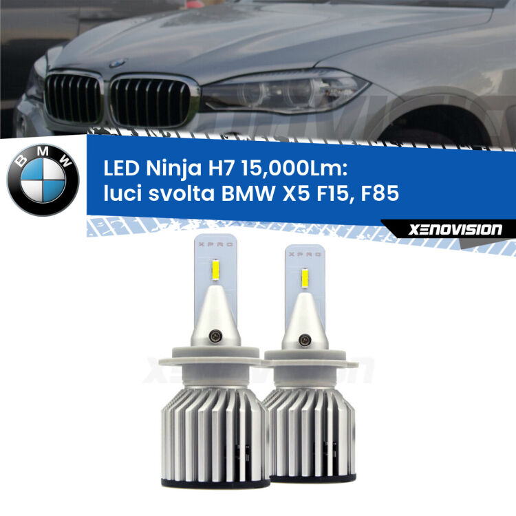 <strong>Kit luci svolta LED specifico per BMW X5</strong> F15, F85 2014 - 2018. Lampade <strong>H7</strong> Canbus da 15.000Lumen di luminosità modello Ninja Xenovision.