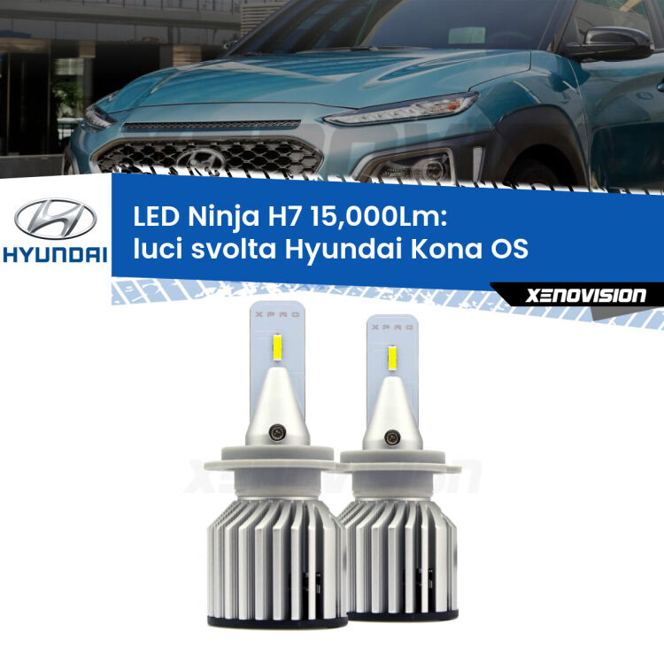 <strong>Kit luci svolta LED specifico per Hyundai Kona</strong> OS 2017 in poi. Lampade <strong>H7</strong> Canbus da 15.000Lumen di luminosità modello Ninja Xenovision.