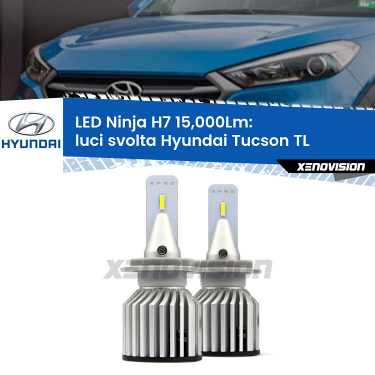 <strong>Kit luci svolta LED specifico per Hyundai Tucson</strong> TL 2015 - 2018. Lampade <strong>H7</strong> Canbus da 15.000Lumen di luminosità modello Ninja Xenovision.