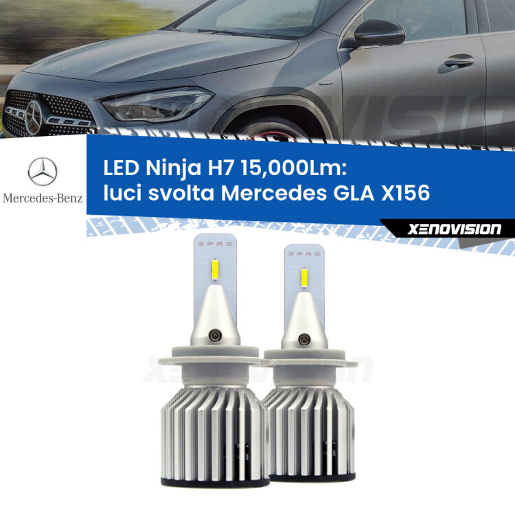 <strong>Kit luci svolta LED specifico per Mercedes GLA</strong> X156 2013 in poi. Lampade <strong>H7</strong> Canbus da 15.000Lumen di luminosità modello Ninja Xenovision.