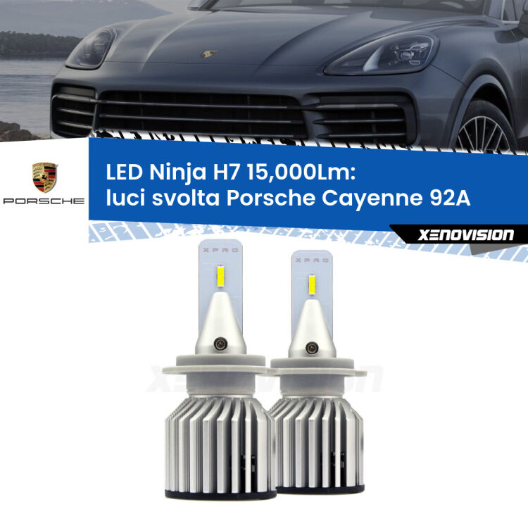 <strong>Kit luci svolta LED specifico per Porsche Cayenne</strong> 92A 2010 - 2014. Lampade <strong>H7</strong> Canbus da 15.000Lumen di luminosità modello Ninja Xenovision.
