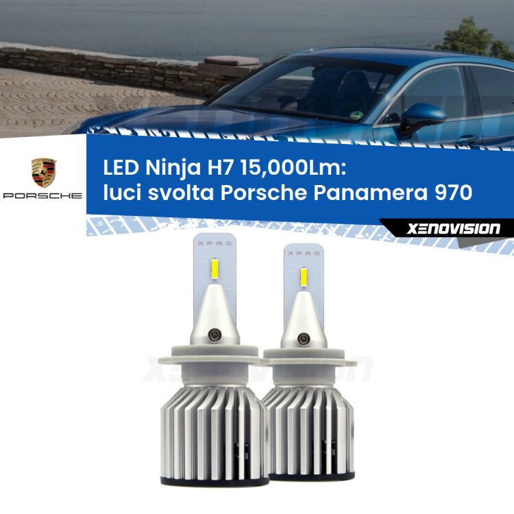 <strong>Kit luci svolta LED specifico per Porsche Panamera</strong> 970 2009 - 2016. Lampade <strong>H7</strong> Canbus da 15.000Lumen di luminosità modello Ninja Xenovision.