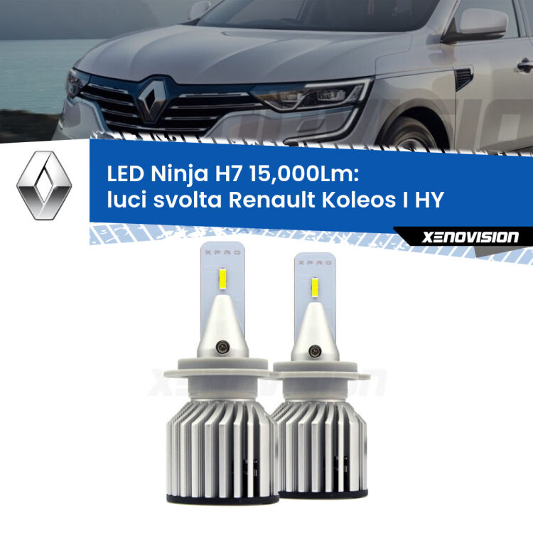 <strong>Kit luci svolta LED specifico per Renault Koleos I</strong> HY 2006 - 2015. Lampade <strong>H7</strong> Canbus da 15.000Lumen di luminosità modello Ninja Xenovision.