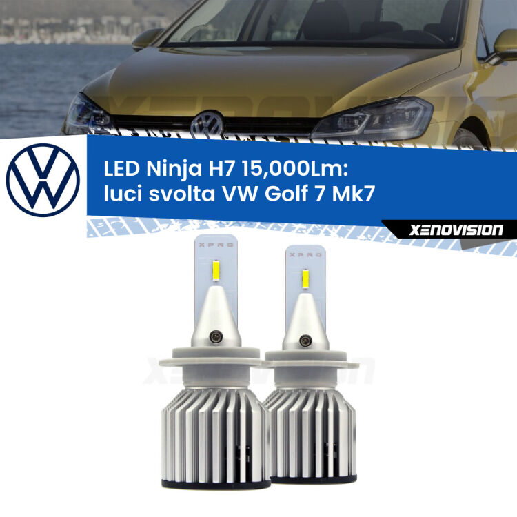 <strong>Kit luci svolta LED specifico per VW Golf 7</strong> Mk7 2012 - 2019. Lampade <strong>H7</strong> Canbus da 15.000Lumen di luminosità modello Ninja Xenovision.