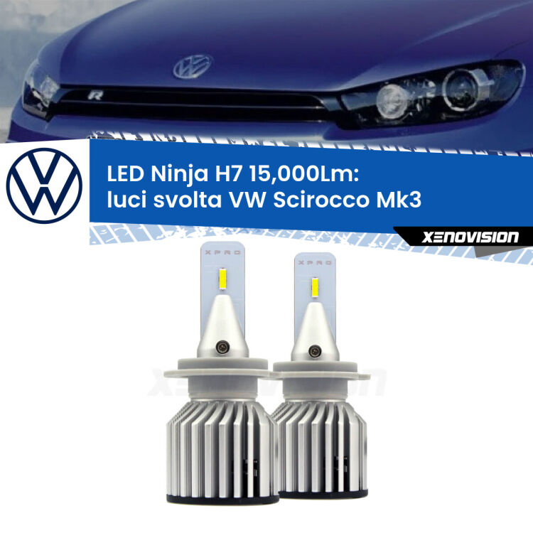 <strong>Kit luci svolta LED specifico per VW Scirocco</strong> Mk3 2008 - 2017. Lampade <strong>H7</strong> Canbus da 15.000Lumen di luminosità modello Ninja Xenovision.