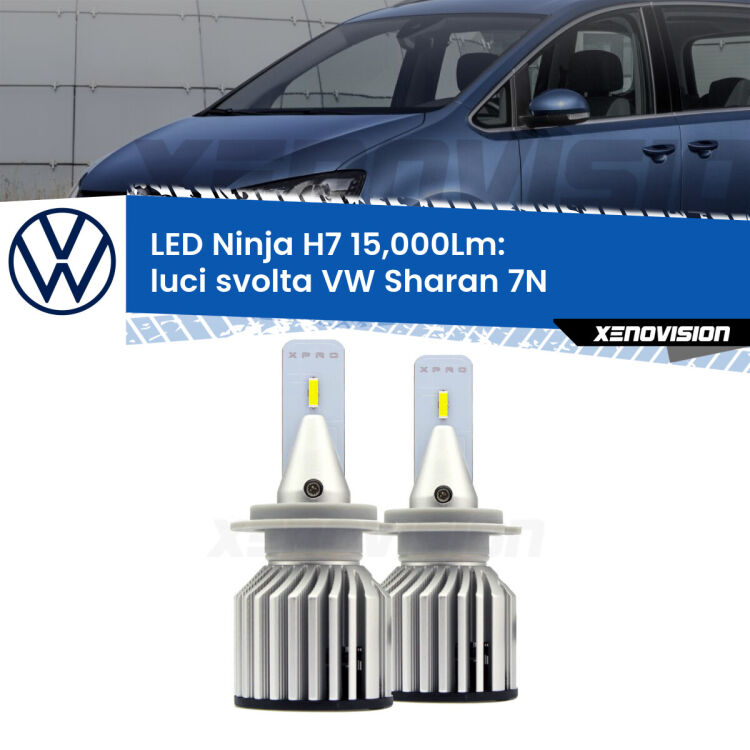 <strong>Kit luci svolta LED specifico per VW Sharan</strong> 7N 2010 - 2019. Lampade <strong>H7</strong> Canbus da 15.000Lumen di luminosità modello Ninja Xenovision.