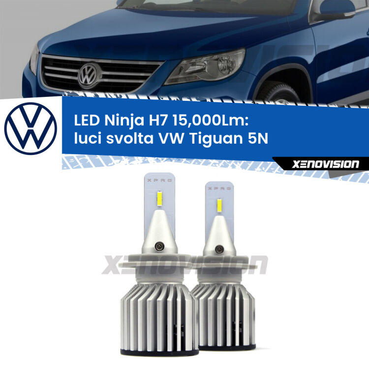 <strong>Kit luci svolta LED specifico per VW Tiguan</strong> 5N 2007 - 2018. Lampade <strong>H7</strong> Canbus da 15.000Lumen di luminosità modello Ninja Xenovision.