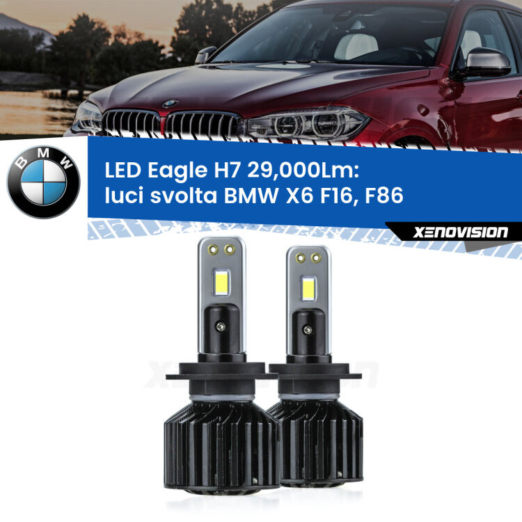 <strong>Kit luci svolta LED specifico per BMW X6</strong> F16, F86 2015 - 2019. Lampade <strong>H7</strong> Canbus da 29.000Lumen di luminosità modello Eagle Xenovision.