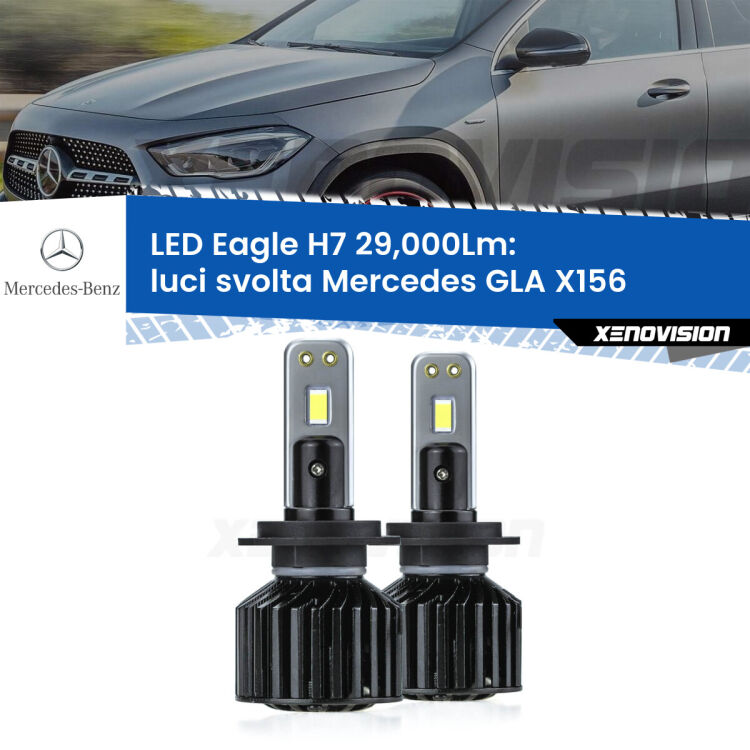 <strong>Kit luci svolta LED specifico per Mercedes GLA</strong> X156 2013 in poi. Lampade <strong>H7</strong> Canbus da 29.000Lumen di luminosità modello Eagle Xenovision.