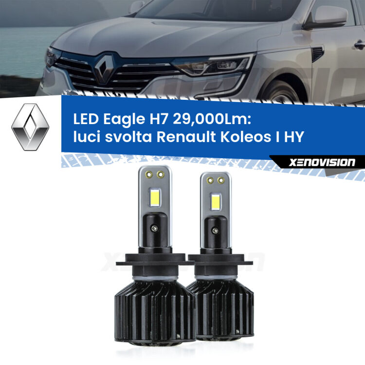 <strong>Kit luci svolta LED specifico per Renault Koleos I</strong> HY 2006 - 2015. Lampade <strong>H7</strong> Canbus da 29.000Lumen di luminosità modello Eagle Xenovision.