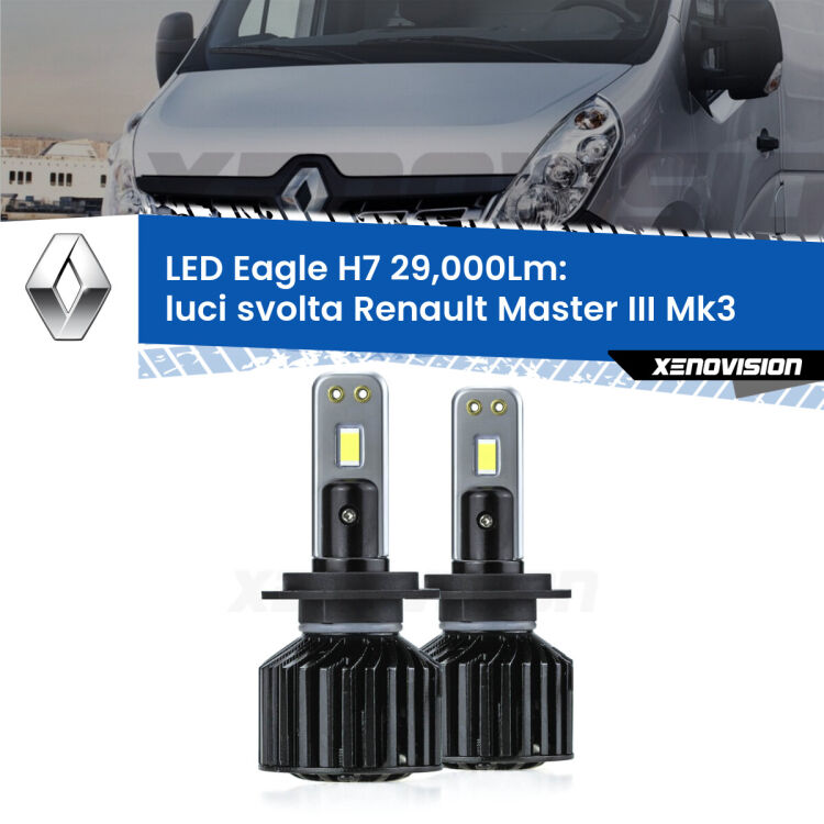 <strong>Kit luci svolta LED specifico per Renault Master III</strong> Mk3 2010 in poi. Lampade <strong>H7</strong> Canbus da 29.000Lumen di luminosità modello Eagle Xenovision.