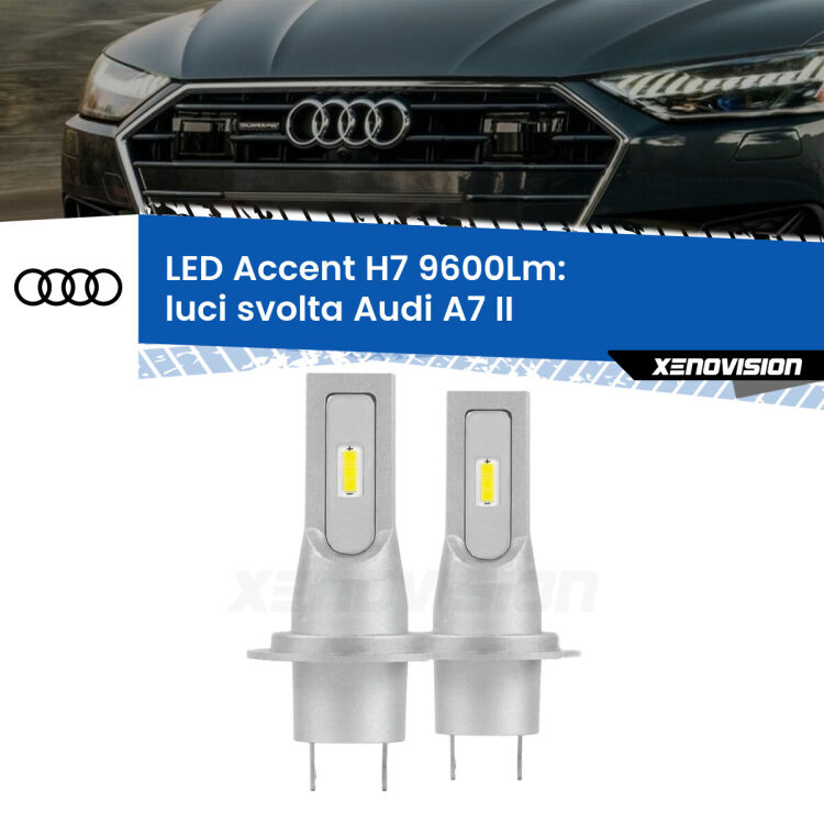 0 Luci svolta LED H7 9600Lm per Audi A7 II 2019 in poi <strong>Kit LED Luci svolta per Audi A7</strong> II 2019 in poi.</strong> Coppia lampade <strong>H7</strong> senza ventola e ultracompatte per installazioni in fari senza spazi.