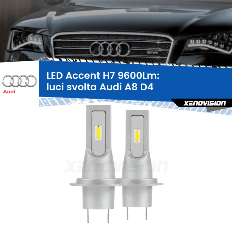 <strong>Kit LED Luci svolta per Audi A8</strong> D4 2009 - 2018.</strong> Coppia lampade <strong>H7</strong> senza ventola e ultracompatte per installazioni in fari senza spazi.