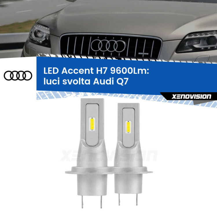 0 Luci svolta LED H7 9600Lm per Audi Q7 2006 - 2015 <strong>Kit LED Luci svolta per Audi Q7</strong> 2006 - 2015.</strong> Coppia lampade <strong>H7</strong> senza ventola e ultracompatte per installazioni in fari senza spazi.