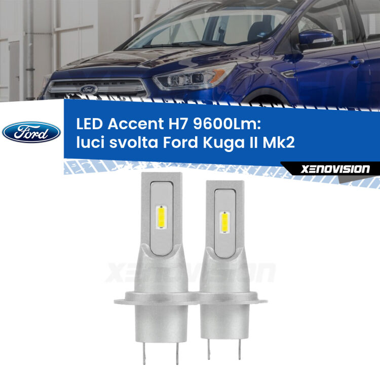 <strong>Kit LED Luci svolta per Ford Kuga II</strong> Mk2 2012 - 2015.</strong> Coppia lampade <strong>H7</strong> senza ventola e ultracompatte per installazioni in fari senza spazi.