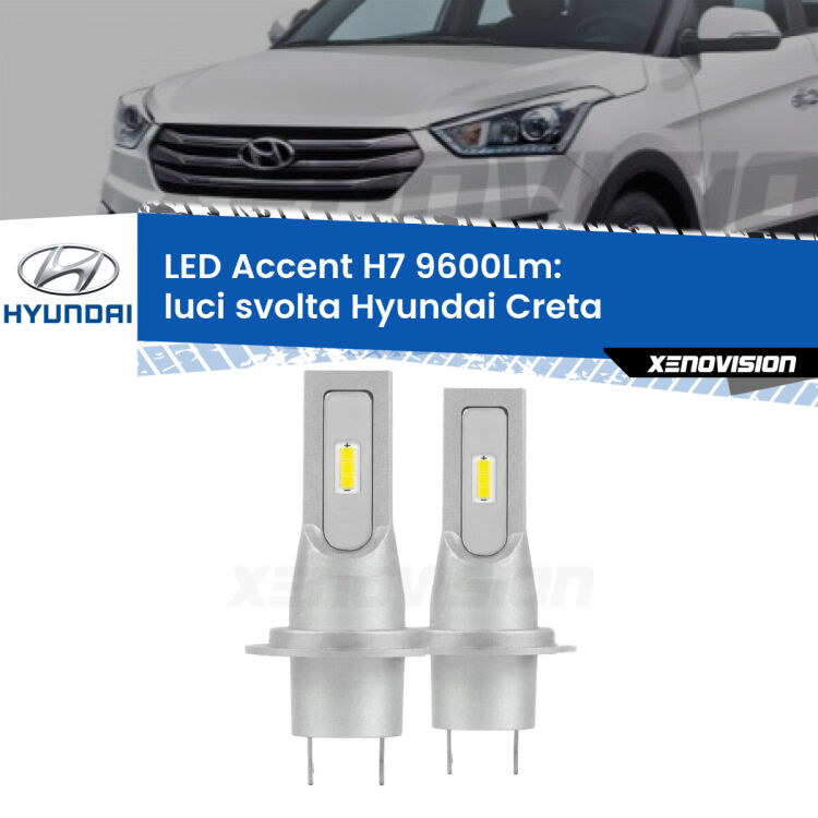 Luci svolta LED H7 9600Lm per Hyundai Creta  2019 in poi <strong>Kit LED Luci svolta per Hyundai Creta</strong>  2019 in poi.</strong> Coppia lampade <strong>H7</strong> senza ventola e ultracompatte per installazioni in fari senza spazi.