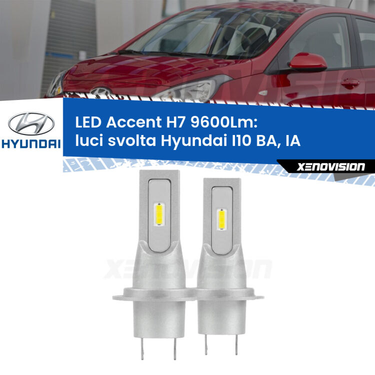 <strong>Kit LED Luci svolta per Hyundai I10</strong> BA, IA con luci svolta.</strong> Coppia lampade <strong>H7</strong> senza ventola e ultracompatte per installazioni in fari senza spazi.