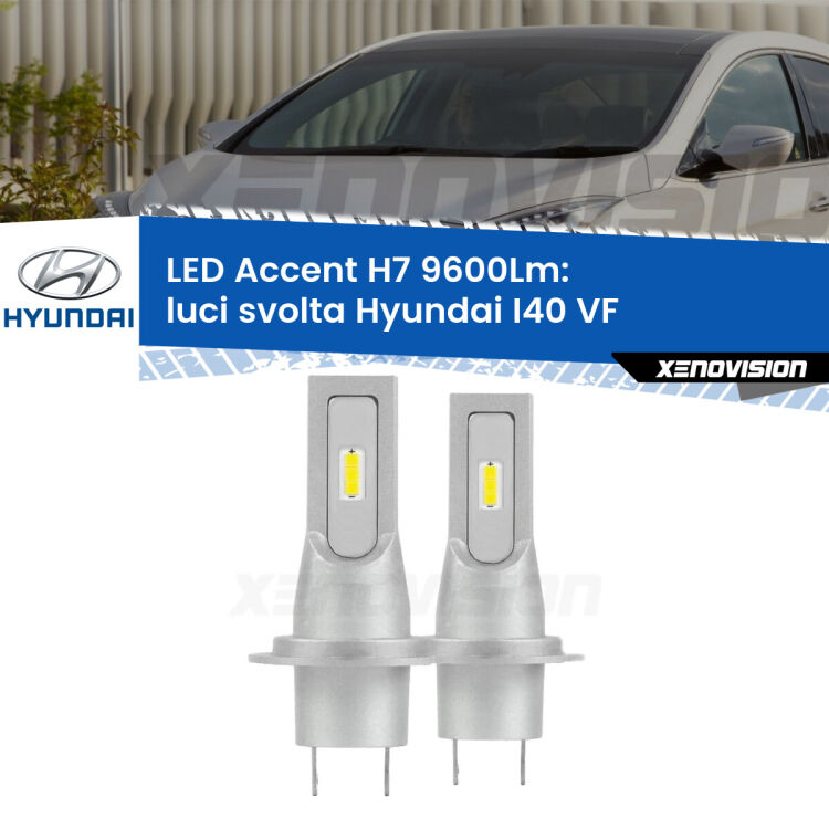 Luci svolta LED H7 9600Lm per Hyundai I40 VF 2012 in poi <strong>Kit LED Luci svolta per Hyundai I40</strong> VF 2012 in poi.</strong> Coppia lampade <strong>H7</strong> senza ventola e ultracompatte per installazioni in fari senza spazi.