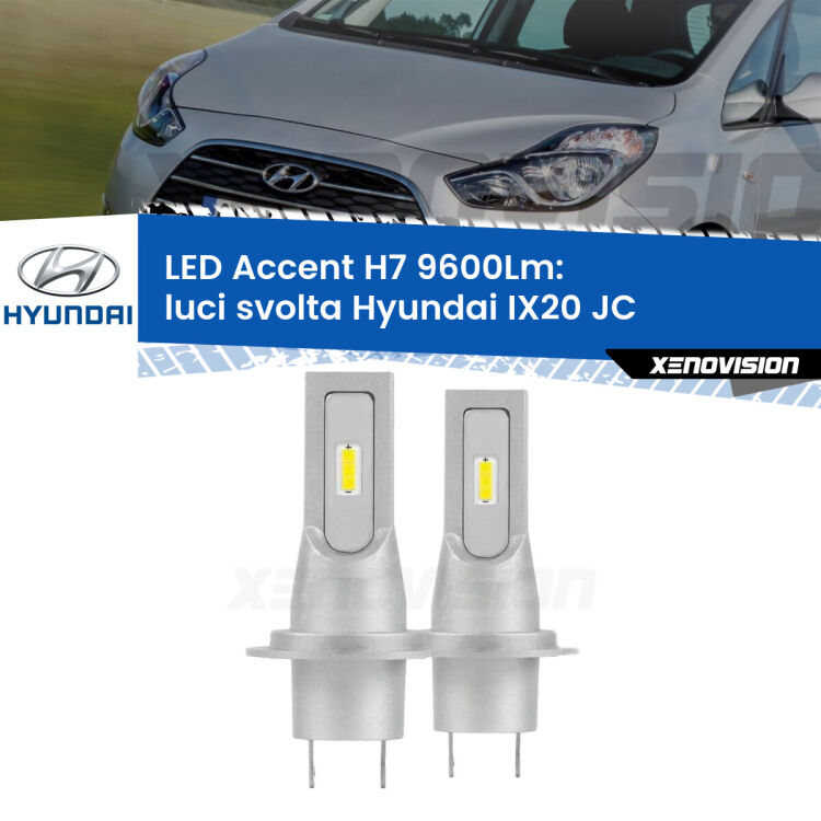 <strong>Kit LED Luci svolta per Hyundai IX20</strong> JC 2010 in poi.</strong> Coppia lampade <strong>H7</strong> senza ventola e ultracompatte per installazioni in fari senza spazi.