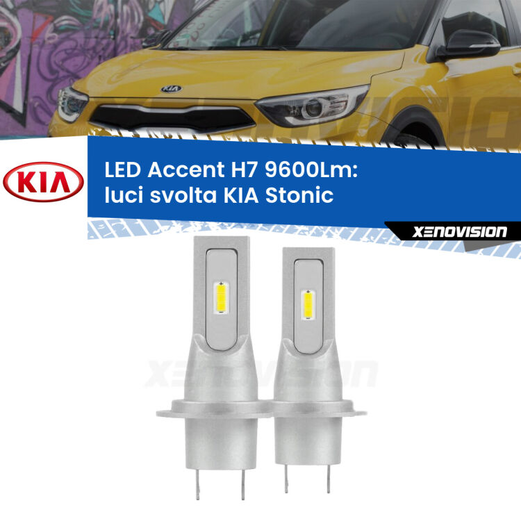 0 Luci svolta LED H7 9600Lm per KIA Stonic  2017 in poi <strong>Kit LED Luci svolta per KIA Stonic</strong>  2017 in poi.</strong> Coppia lampade <strong>H7</strong> senza ventola e ultracompatte per installazioni in fari senza spazi.