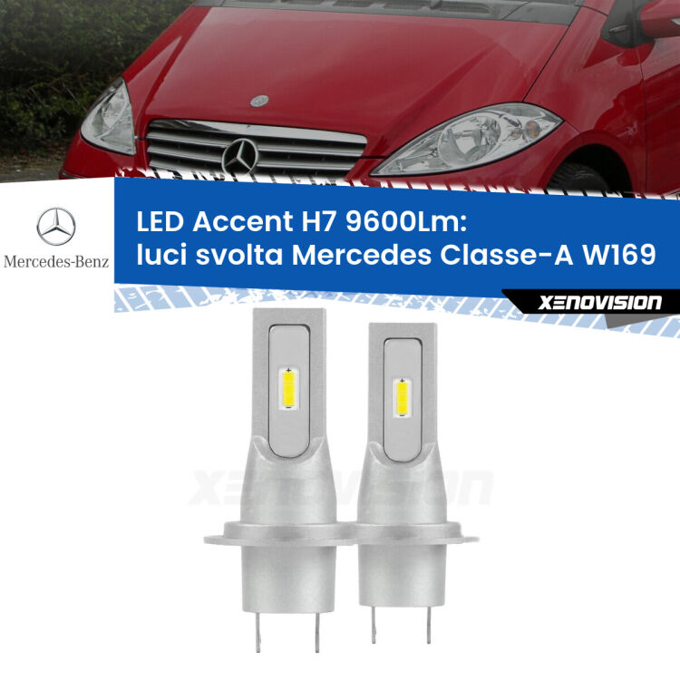 Luci svolta LED H7 9600Lm per Mercedes Classe-A W169 2004 - 2012 <strong>Kit LED Luci svolta per Mercedes Classe-A</strong> W169 2004 - 2012.</strong> Coppia lampade <strong>H7</strong> senza ventola e ultracompatte per installazioni in fari senza spazi.